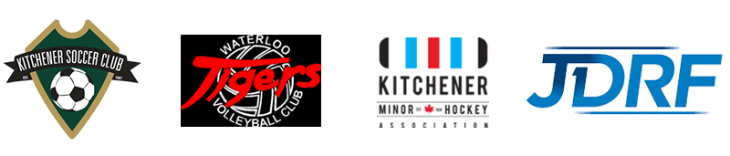 logos of Kitchener Soccer Club, Waterloo Tigers Volleyball, Kitchener Minor Hockey, and the Juvenile Diabetes Research Foundation.