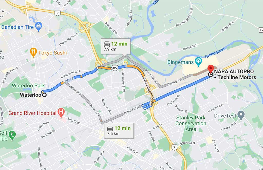 map direction from waterloo to Techline Motors